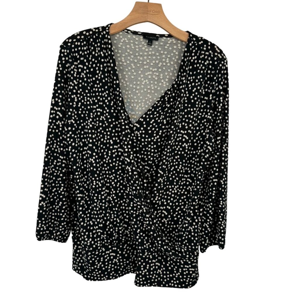 talbots Polka Dot V-Neck Blouse top Women's Size large black knit 3/4 sleeve